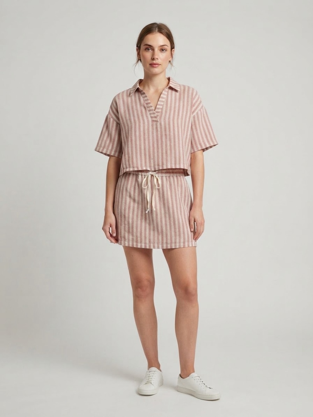 Striped Drawstring Skirt Set in Dusty Pink & Cream